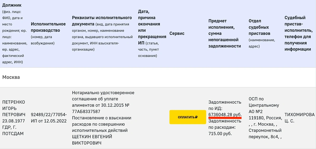 Недавно сумма долга Игоря Петренко уменьшилась на 2,5 млн рублей, но остаток всё равно впечатляет. Фото © fssp.gov.ru